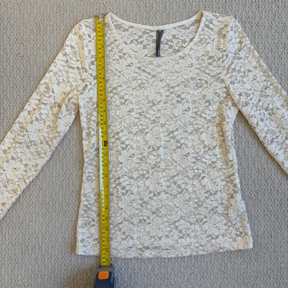 By Anthropologie Long Sleeve Lace Crew Neck Top, SMALL Almond Floral Sheer boho